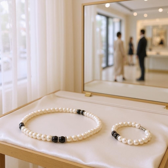 Freshwater Pearl & Black Onyx Beaded Necklace & Bracelet Set - Picture 1 of 10